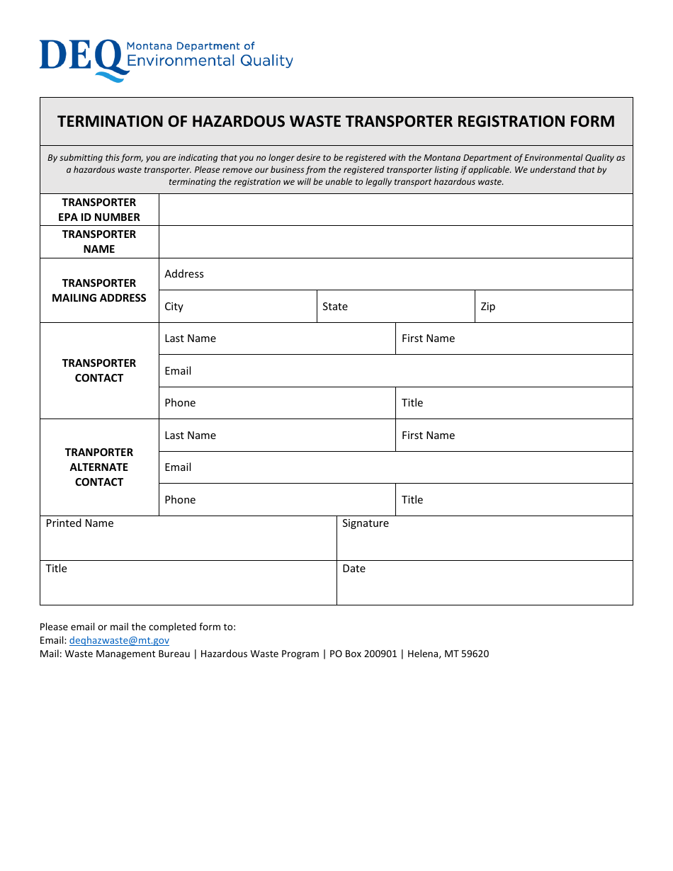 Montana Termination of Hazardous Waste Transporter Registration Form Fill Out, Sign Online and