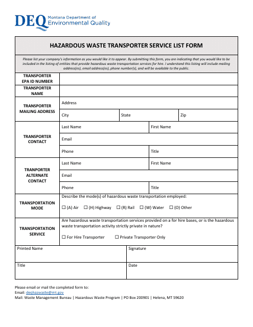 Hazardous Waste Transporter Service List Form - Montana Download Pdf