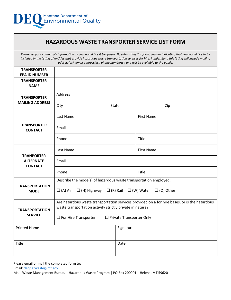 Hazardous Waste Transporter Service List Form - Montana, Page 1