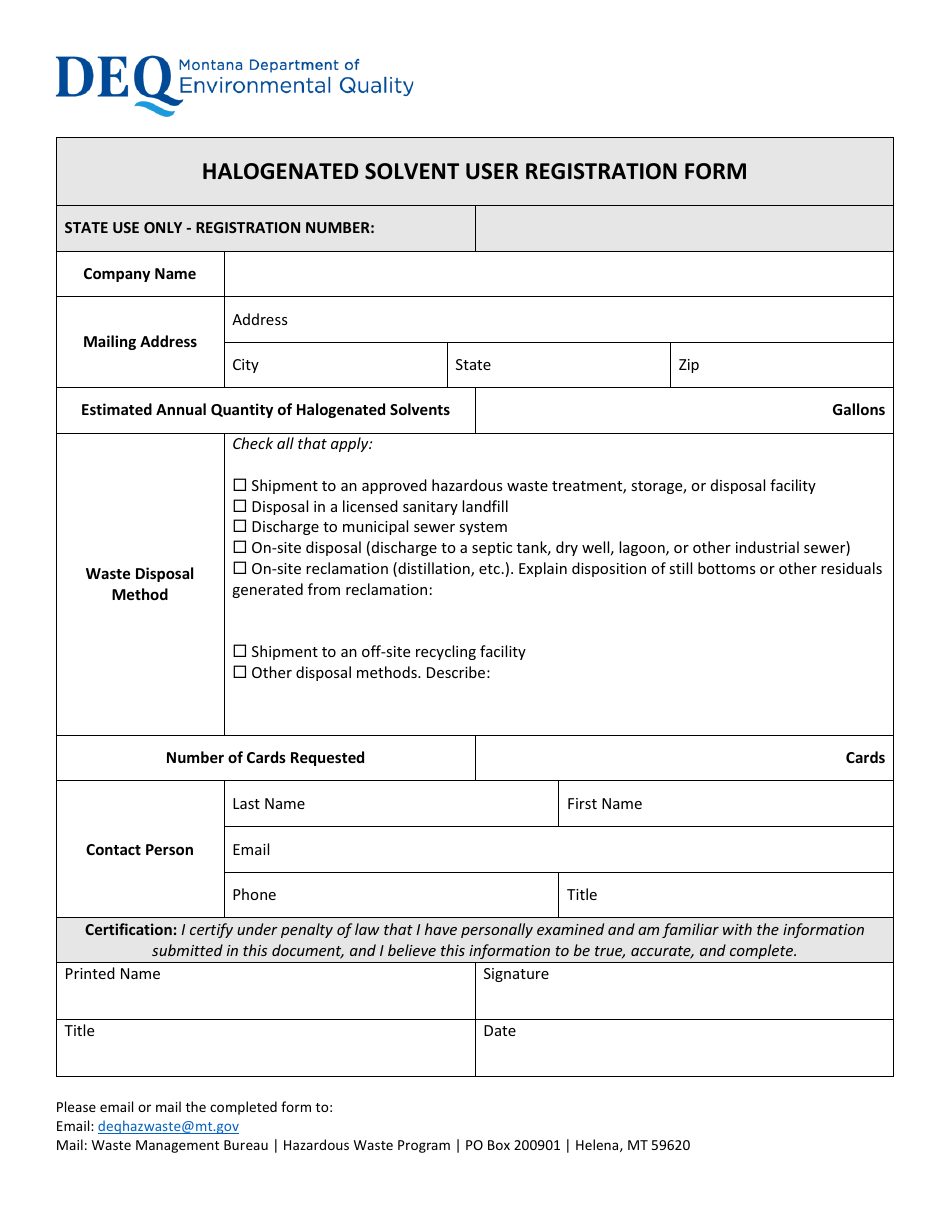 Halogenated Solvent User Registration Form - Montana, Page 1