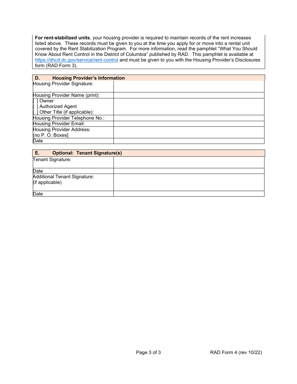 RAD Form 4 Rent History Disclosure - Washington, D.C., Page 3