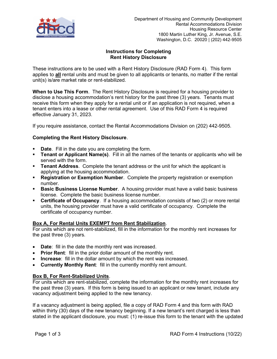 Instructions for RAD Form 4 Rent History Disclosure - Washington, D.C., Page 1