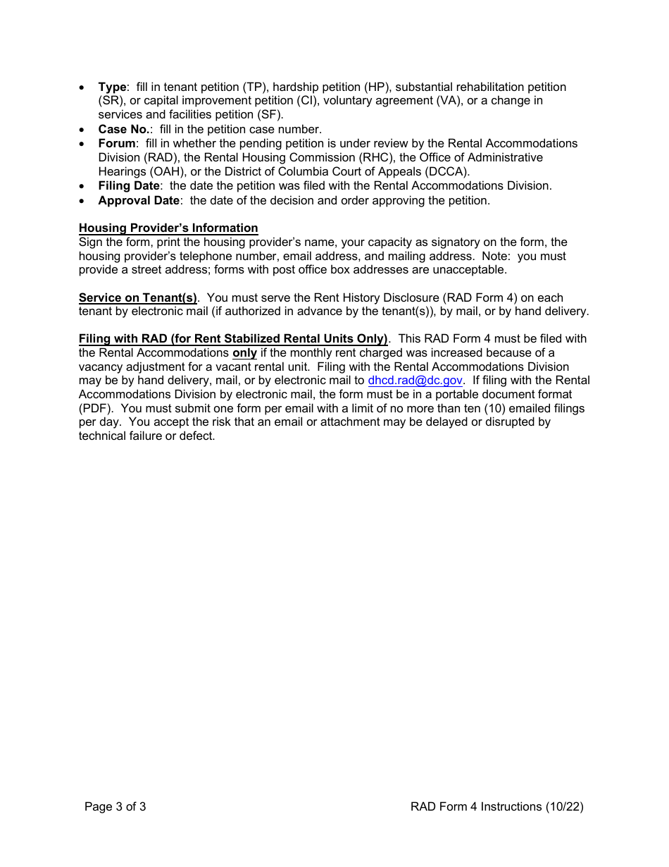 Instructions for RAD Form 4 Rent History Disclosure - Washington, D.C., Page 3