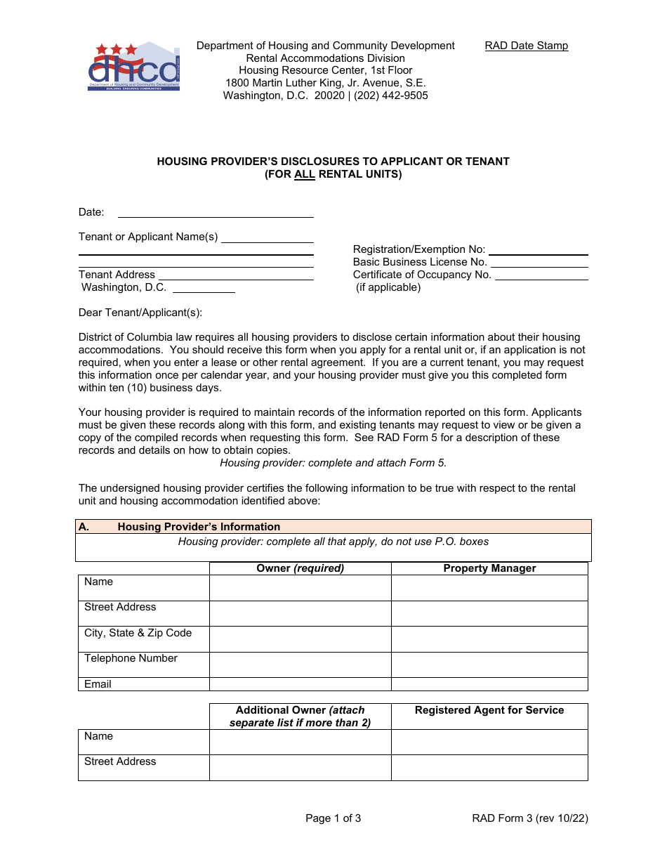 RAD Form 3 Housing Providers Disclosures to Applicant or Tenant - Washington, D.C., Page 1