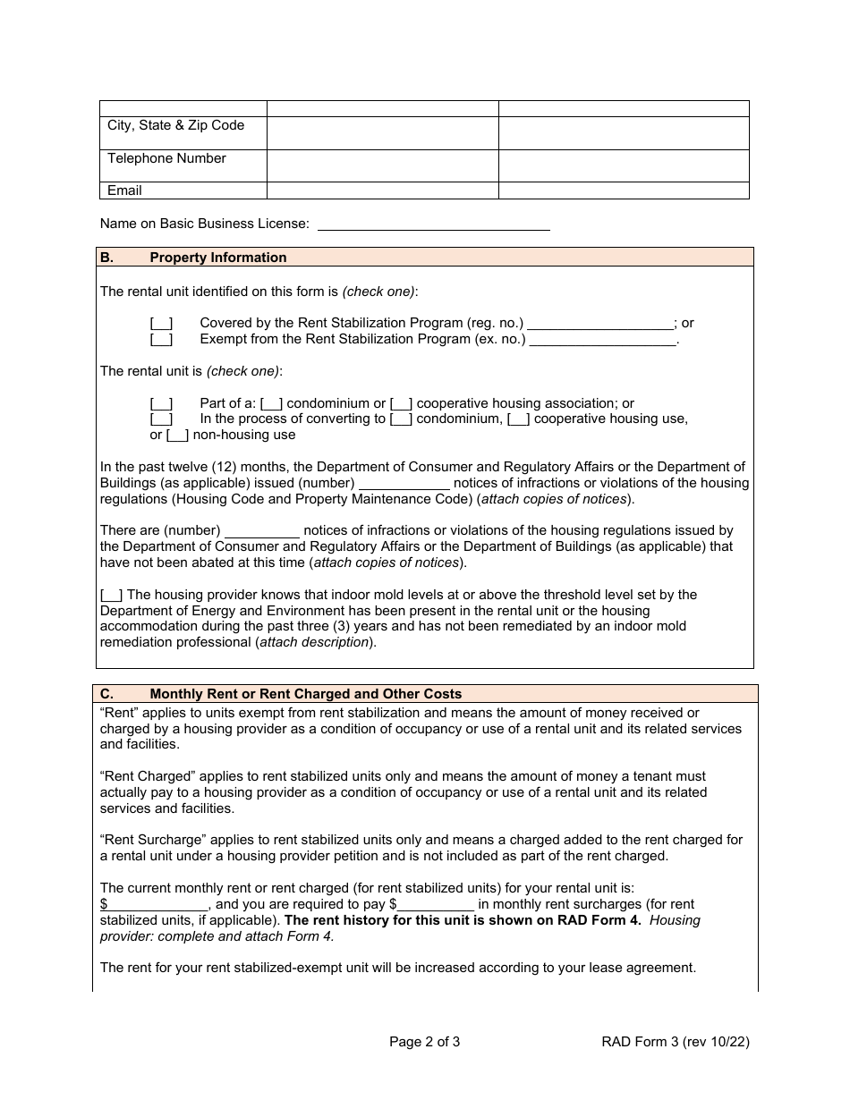 RAD Form 3 Housing Providers Disclosures to Applicant or Tenant - Washington, D.C., Page 2