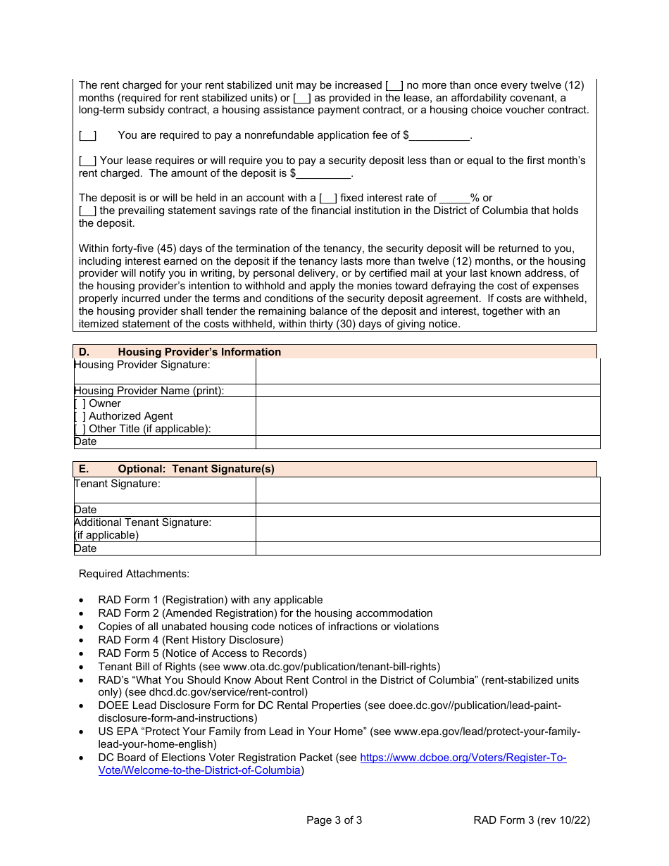 RAD Form 3 Housing Providers Disclosures to Applicant or Tenant - Washington, D.C., Page 3