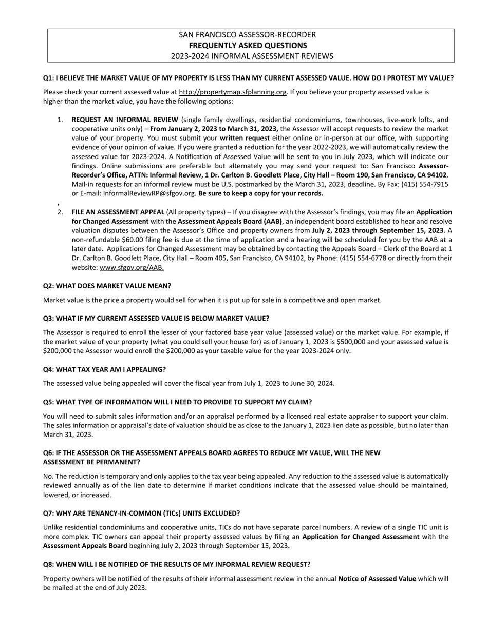 Informal Assessment Review Request for temporary Decline in Market Value Reassessment - City and County of San Francisco, California, Page 2