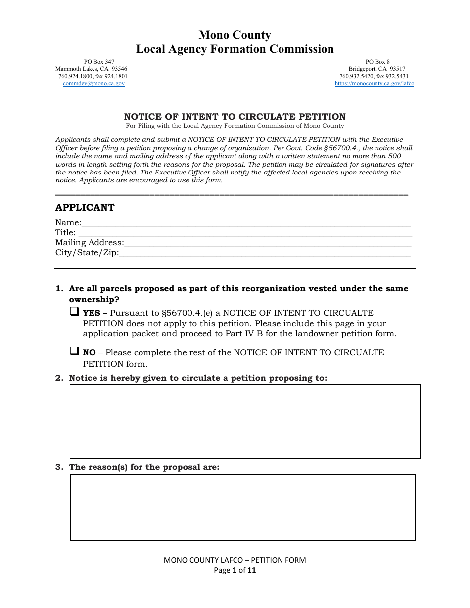 Notice of Intent to Circulate Petition - Mono County, California, Page 1