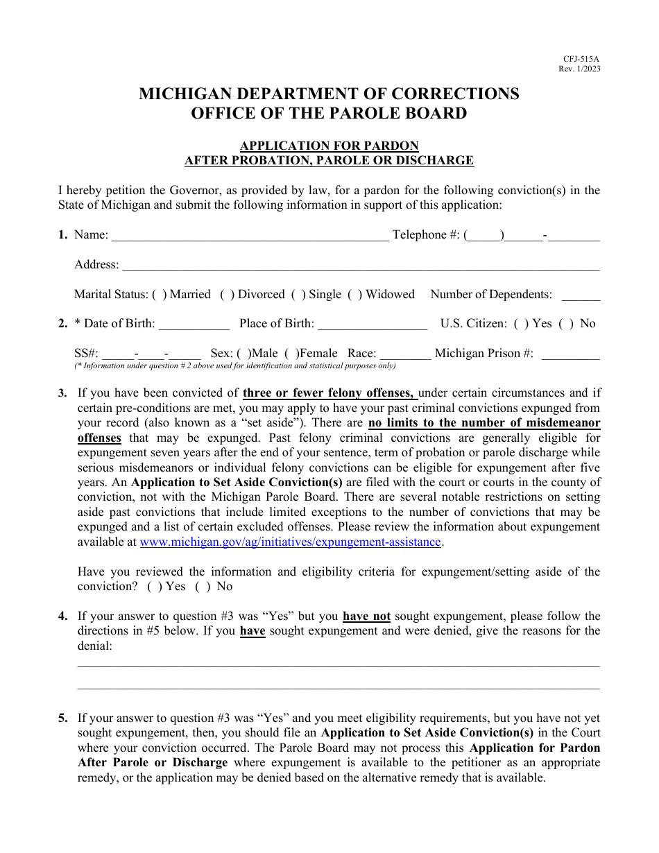 Form CFJ-515A Application for Pardon After Probation, Parole or Discharge - Michigan, Page 1