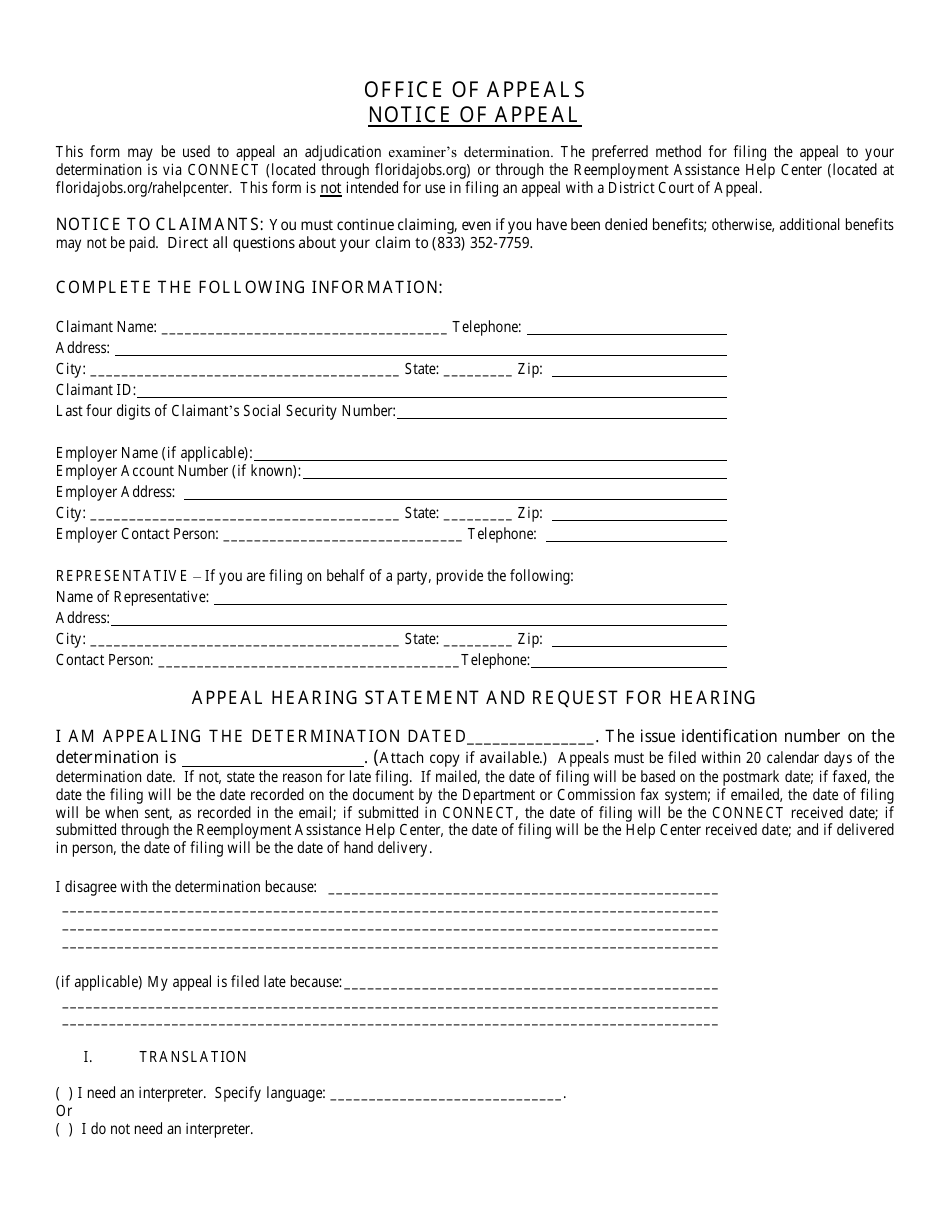 Form DEO-A100(E) Notice of Appeal - Florida, Page 1