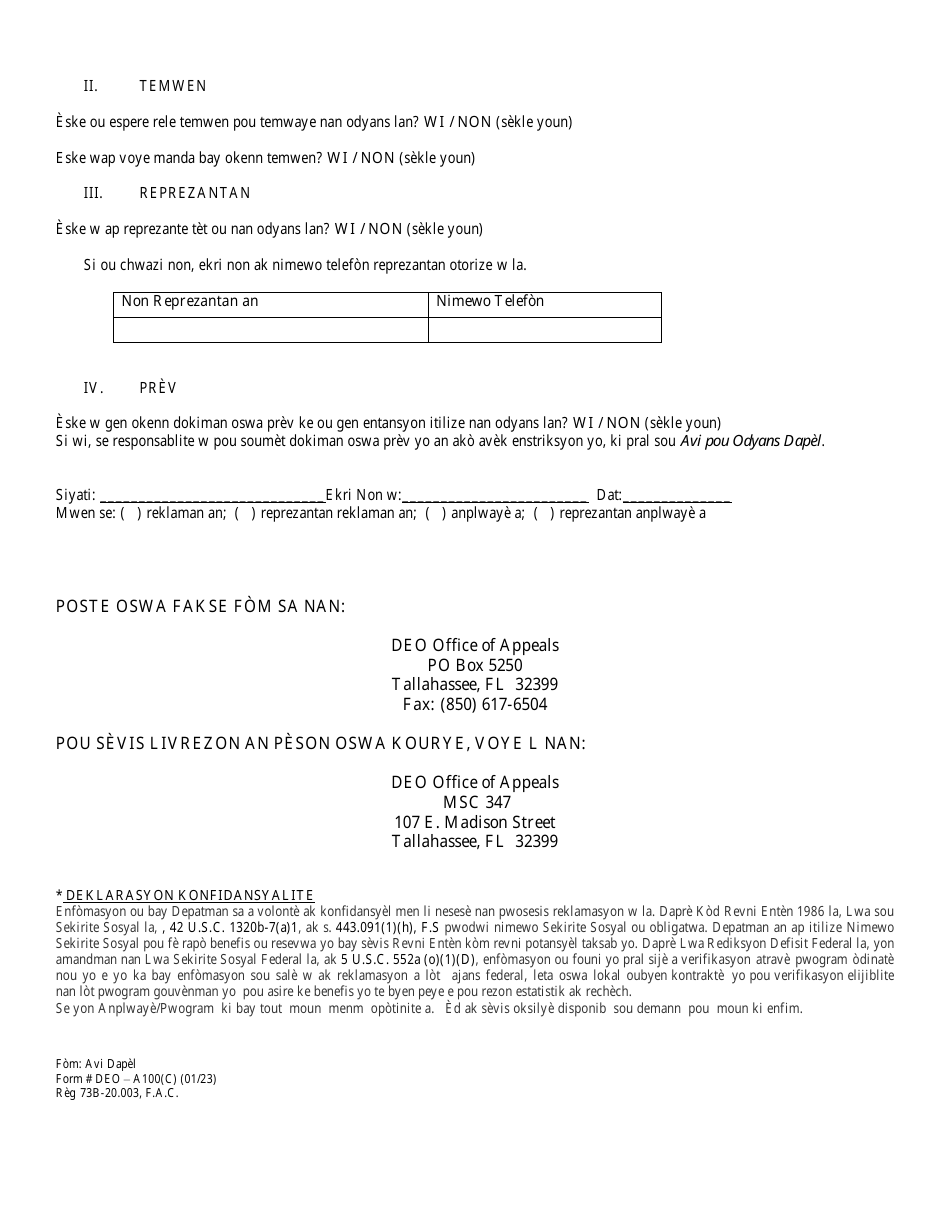 Form Deo A100c Fill Out Sign Online And Download Printable Pdf Florida Haitian Creole 2869