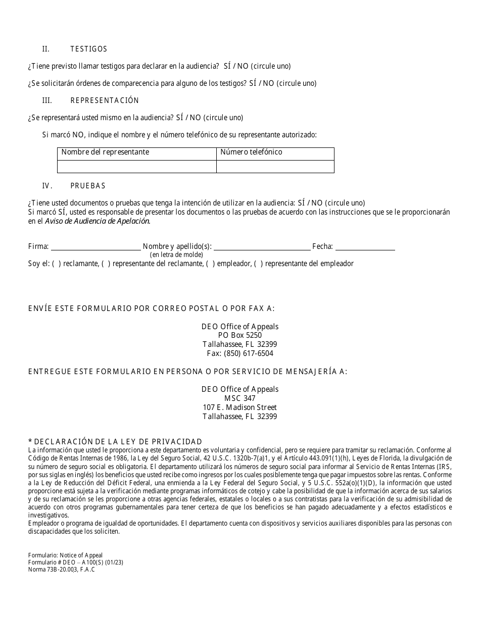 Formulario DEO-A100(S) Aviso De Apelacion - Florida (Spanish), Page 2
