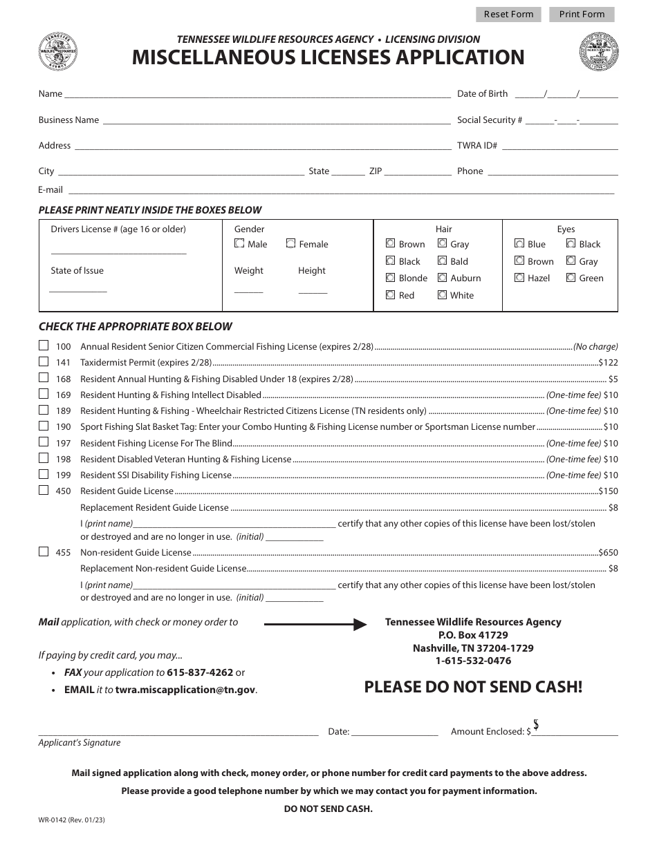 Form WR-0142 Miscellaneous Licenses Application - Tennessee, Page 1