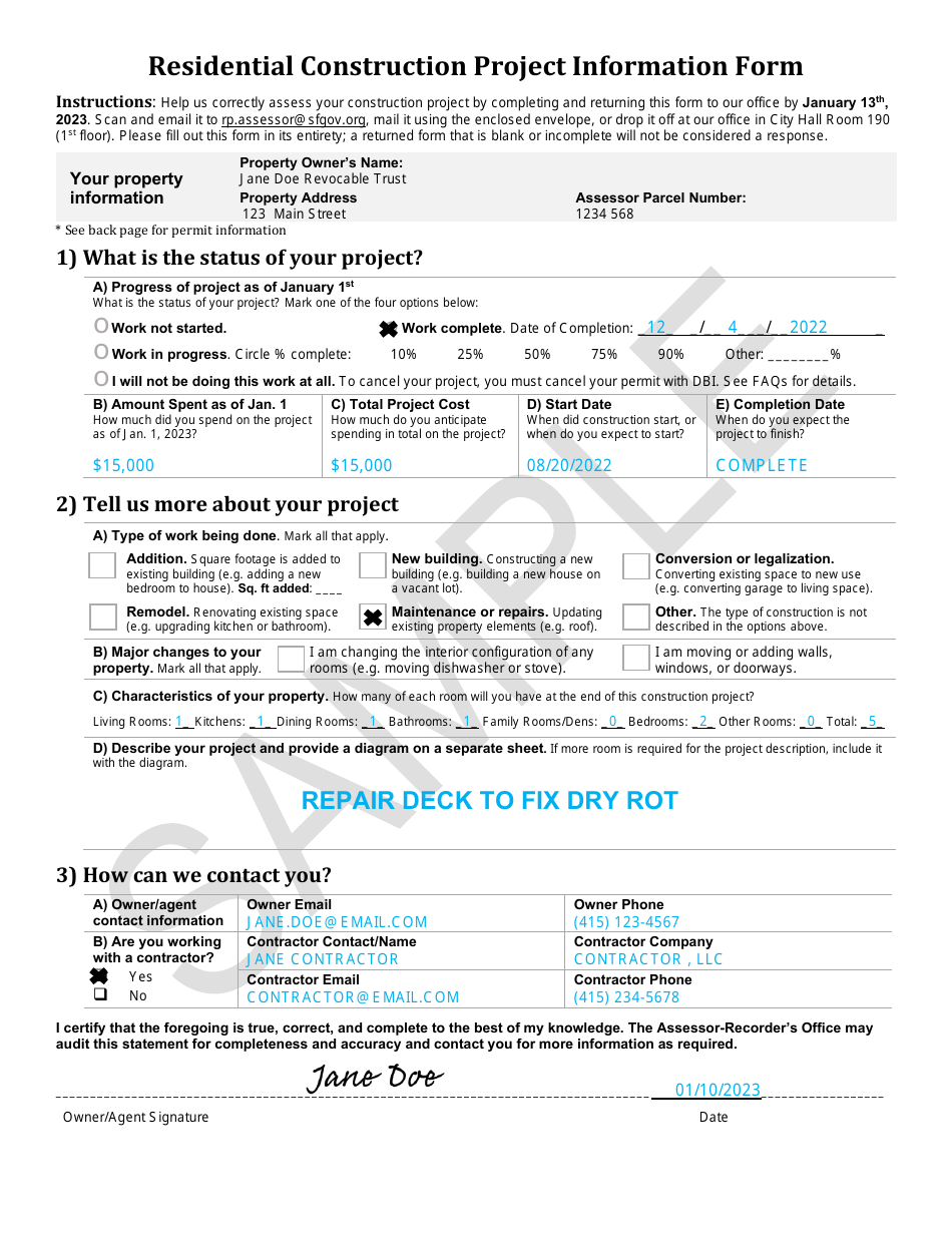 Sample Residential Construction Project Information Form - City and County of San Francisco, California, Page 6