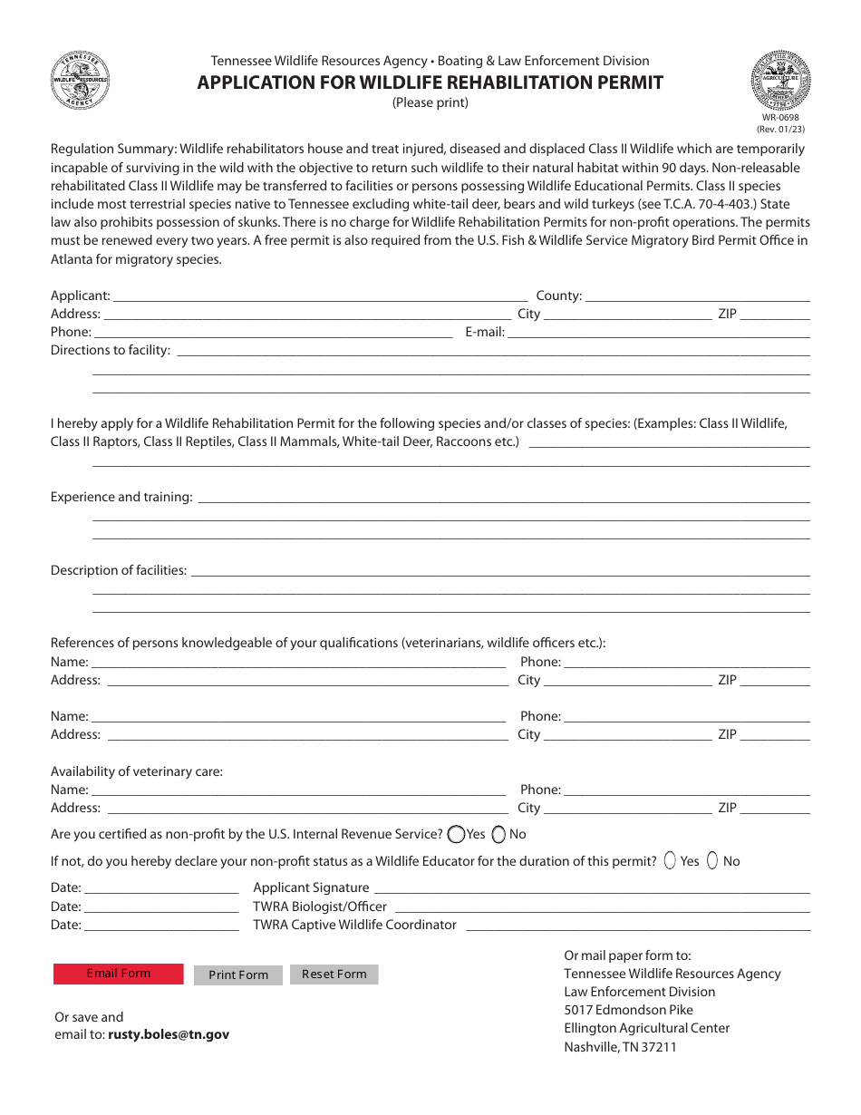 Form WR-0698 Application for Wildlife Rehabilitation Permit - Tennessee, Page 1