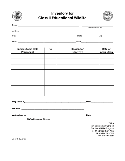 Form WR-0717 Inventory for Class II Educational Wildlife - Tennessee