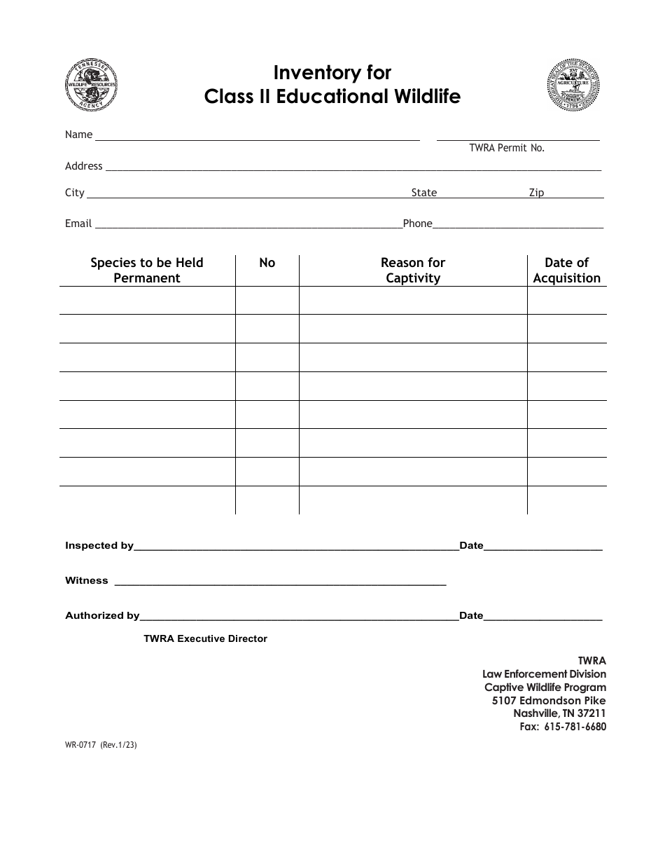 Form WR-0717 Inventory for Class II Educational Wildlife - Tennessee, Page 1