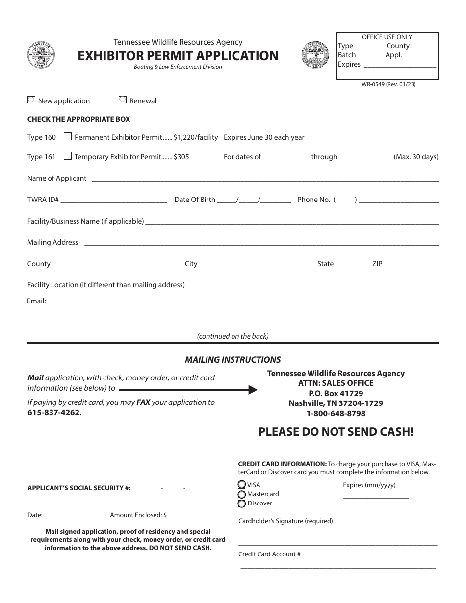 Form WR-0549 Exhibitor Permit Application - Tennessee, Page 1