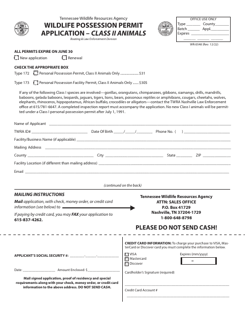 Form WR-0548 Wildlife Possession Permit Application - Class II Animals - Tennessee