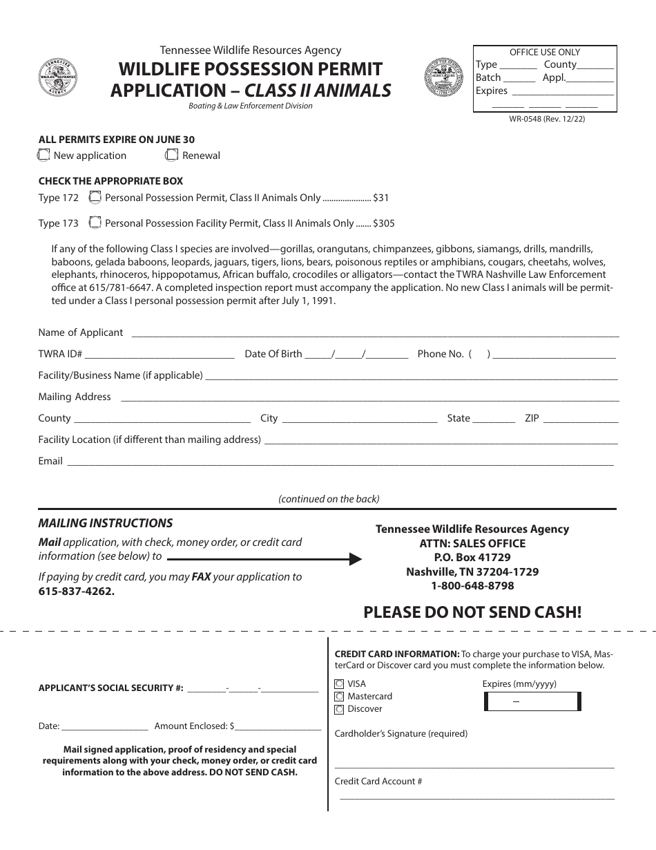 Form WR-0548 Wildlife Possession Permit Application - Class II Animals - Tennessee, Page 1