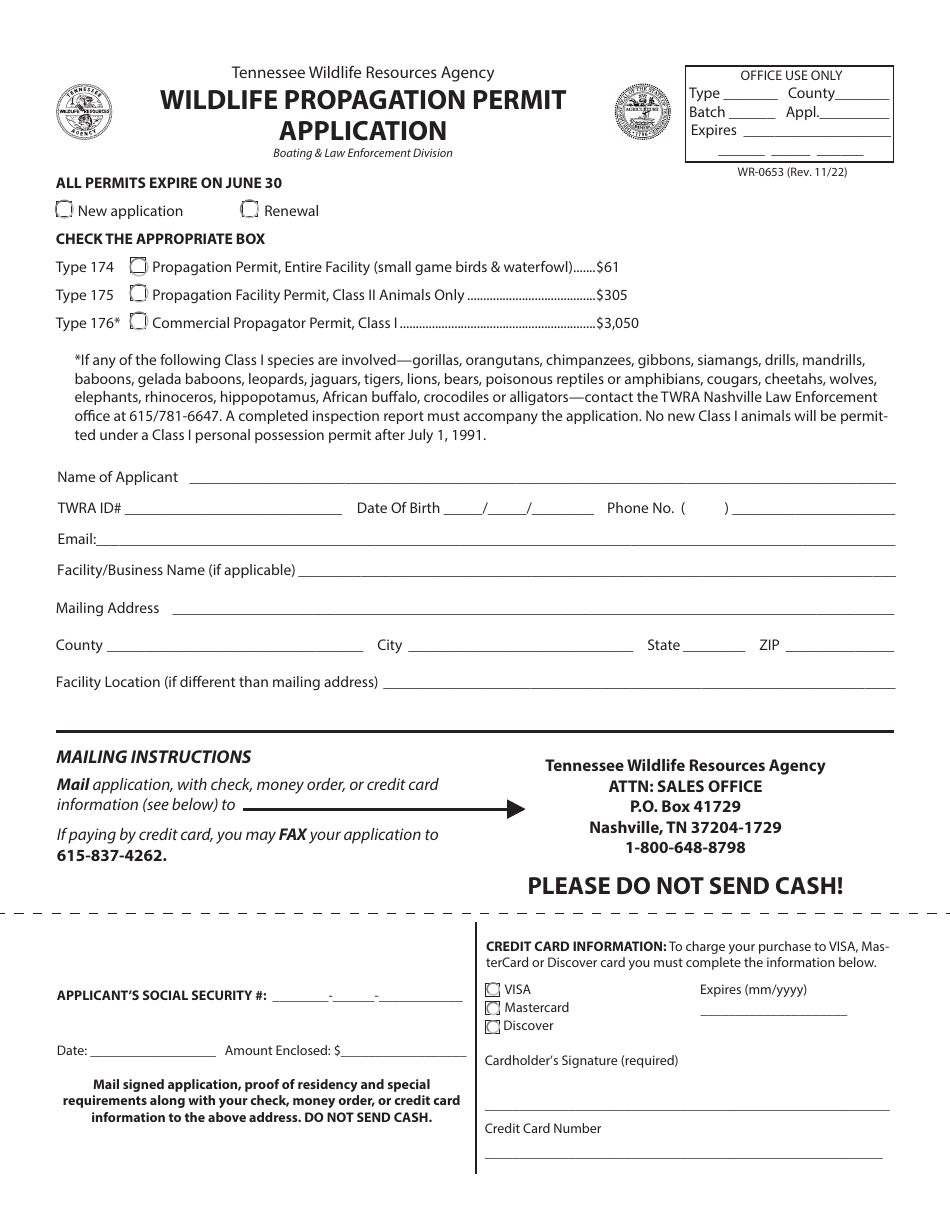 Form WR-0653 Wildlife Propagation Permit Application - Tennessee, Page 1