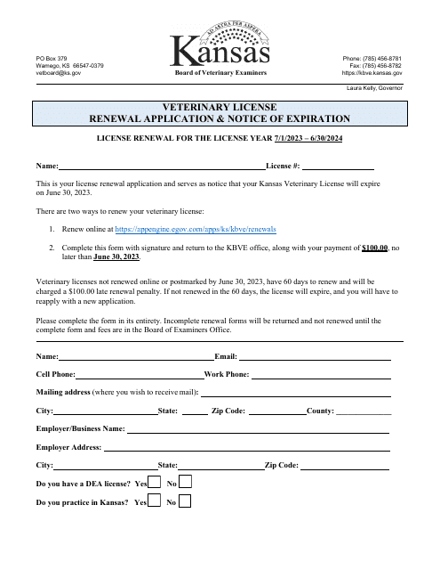 Veterinary License Renewal Application & Notice of Expiration - Kansas, 2024