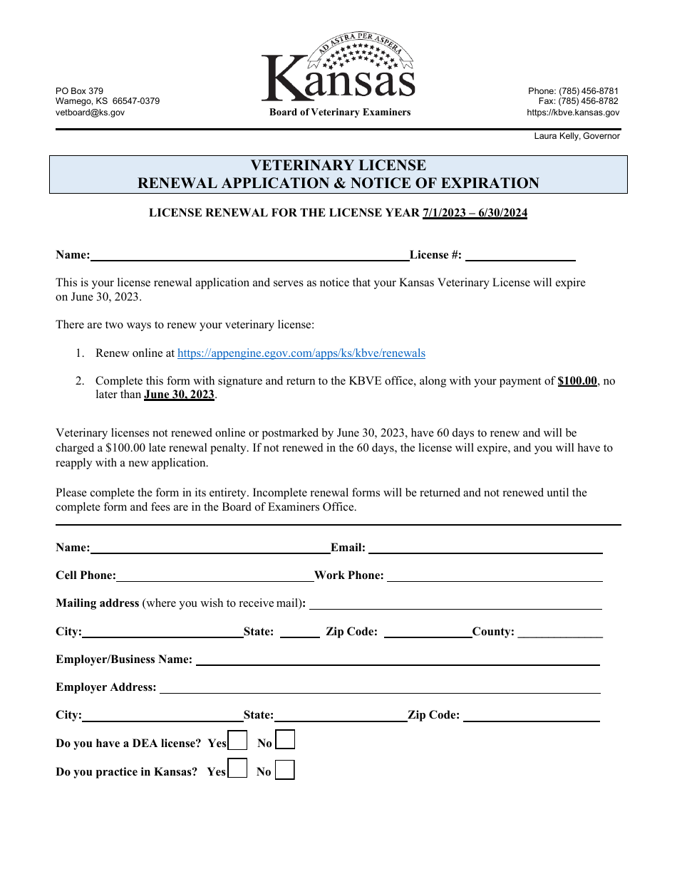 2024 Kansas Veterinary License Renewal Application & Notice of