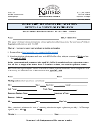 Document preview: Veterinary Technician Registration Renewal & Notice of Expiration - Kansas, 2024