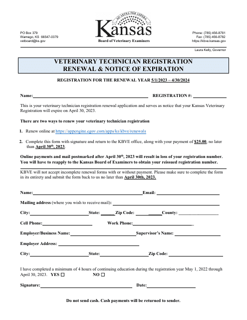 Veterinary Technician Registration Renewal & Notice of Expiration - Kansas, 2024