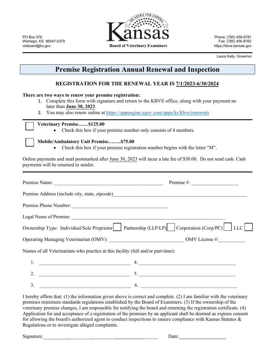 Premise Registration Annual Renewal and Inspection - Kansas, Page 1
