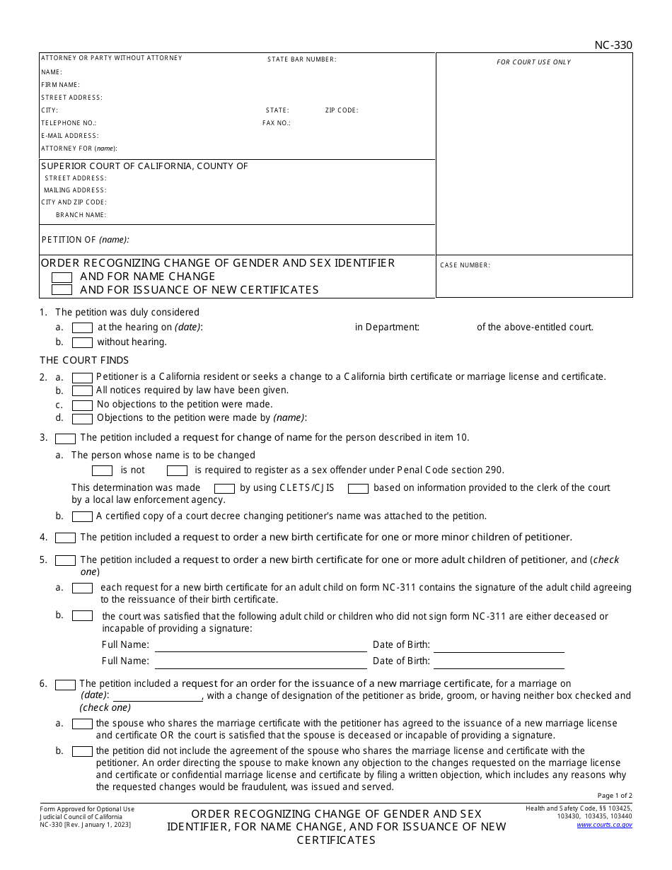 Form NC-330 Petition for Recognition of Change of Gender and Sex Identifier, Name Change, and Issuance of New Certificates - California, Page 1