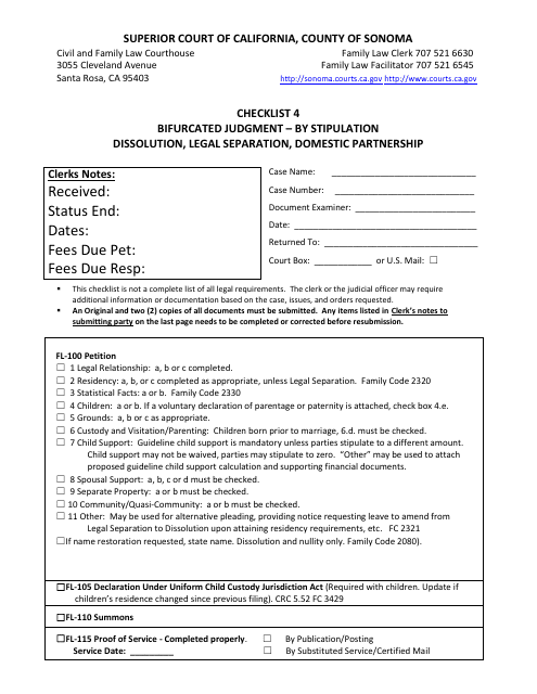 Checklist 4 - Bifurcated Judgment - by Stipulation Dissolution, Legal Separation, Domestic Partnership - County of Sonoma, California Download Pdf