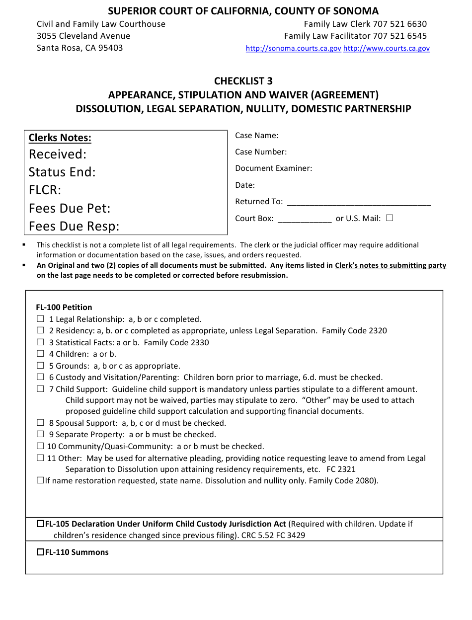 County of Sonoma California Checklist 3 Appearance Stipulation and