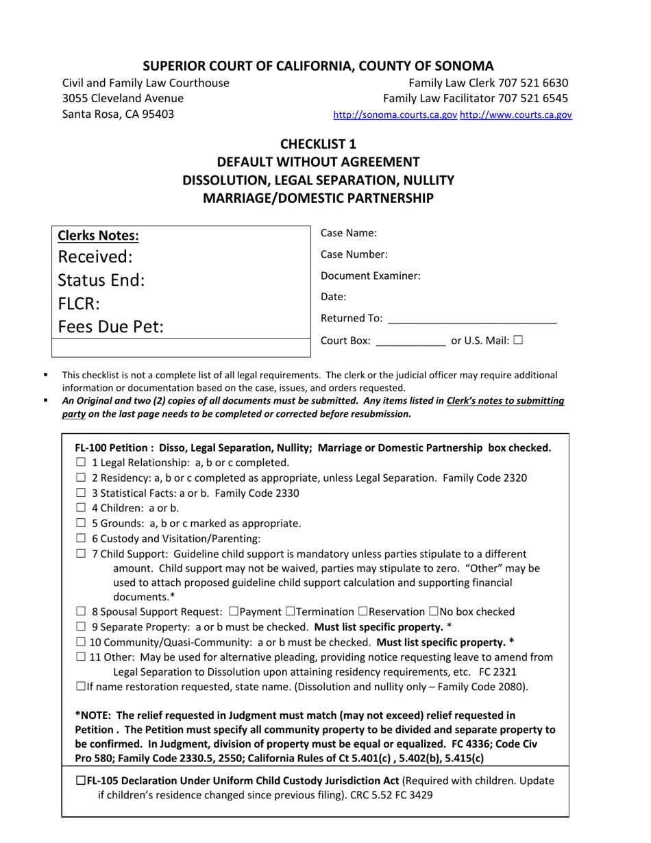 County of Sonoma, California Checklist 1 Default Without Agreement