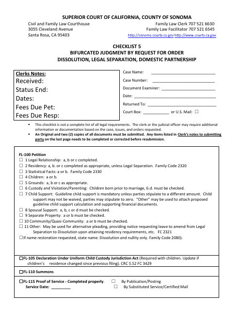 Checklist 5 - Bifurcated Judgment by Request for Order Dissolution, Legal Separation, Domestic Partnership - County of Sonoma, California Download Pdf