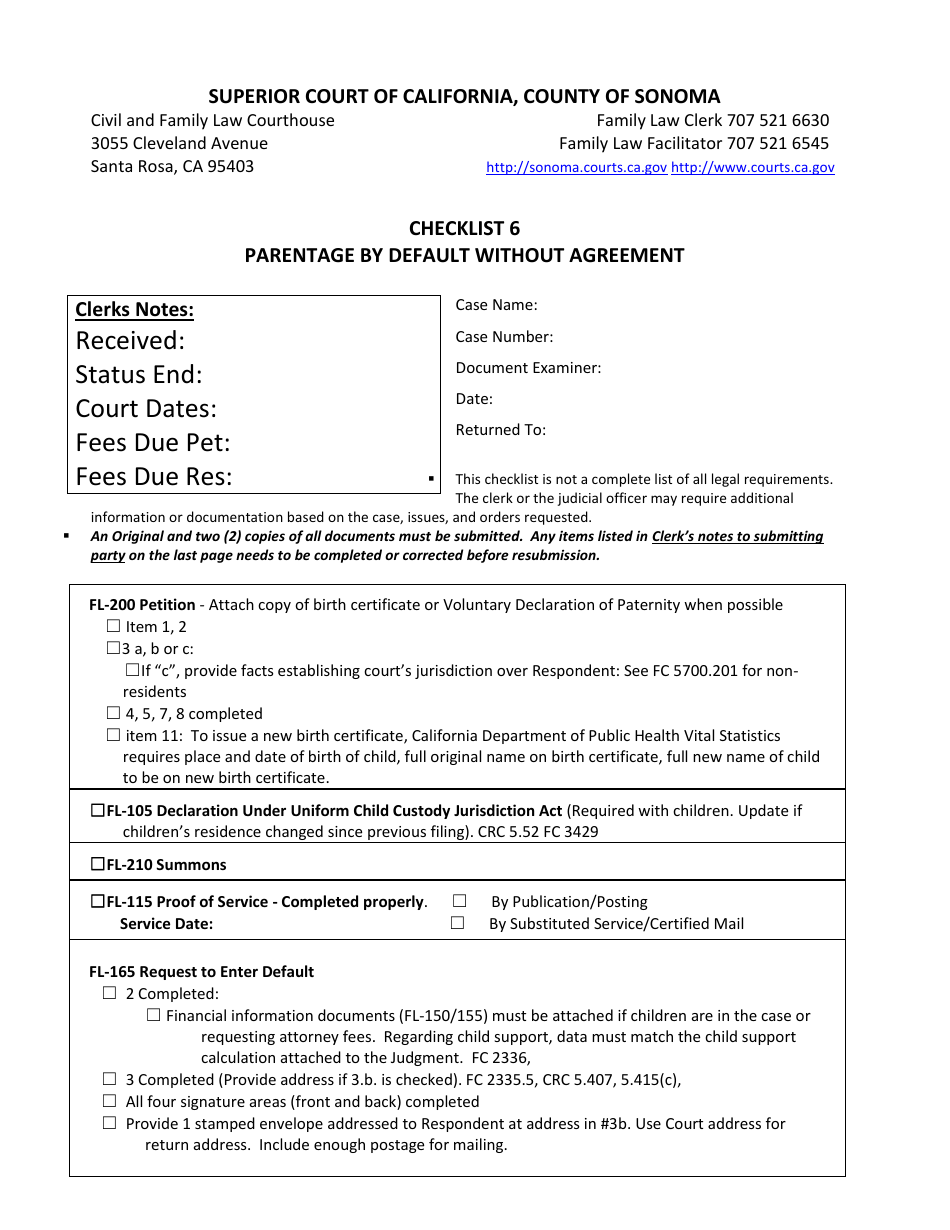 Checklist 6 - Parentage by Default Without Agreement - County of Sonoma, California, Page 1