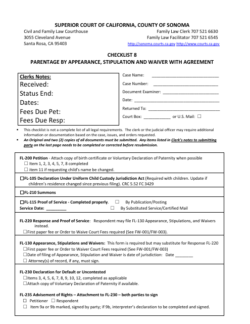 Checklist 8 - Parentage by Appearance, Stipulation and Waiver With Agreement - County of Sonoma, California Download Pdf