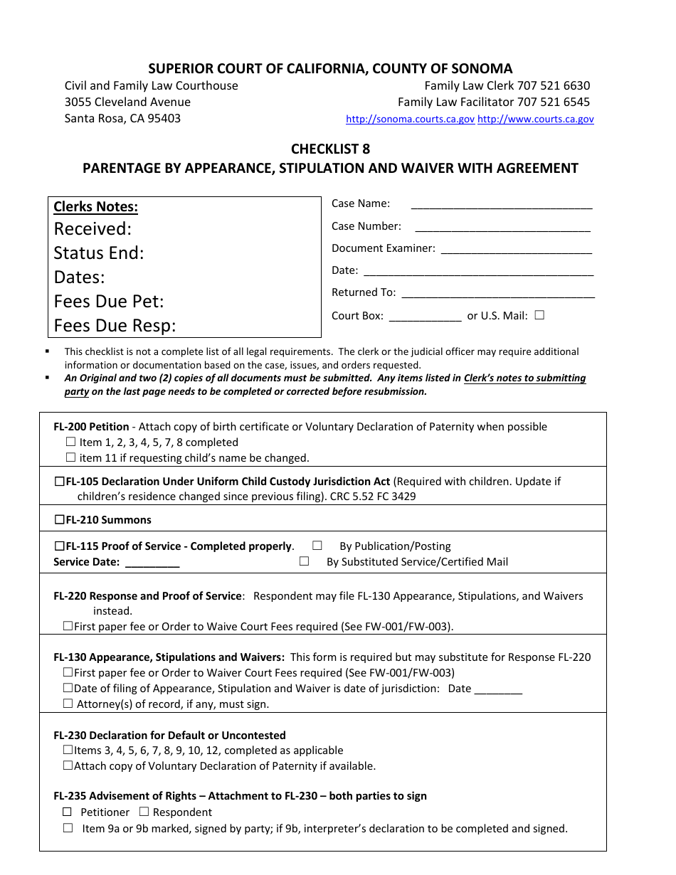 Checklist 8 - Parentage by Appearance, Stipulation and Waiver With Agreement - County of Sonoma, California, Page 1