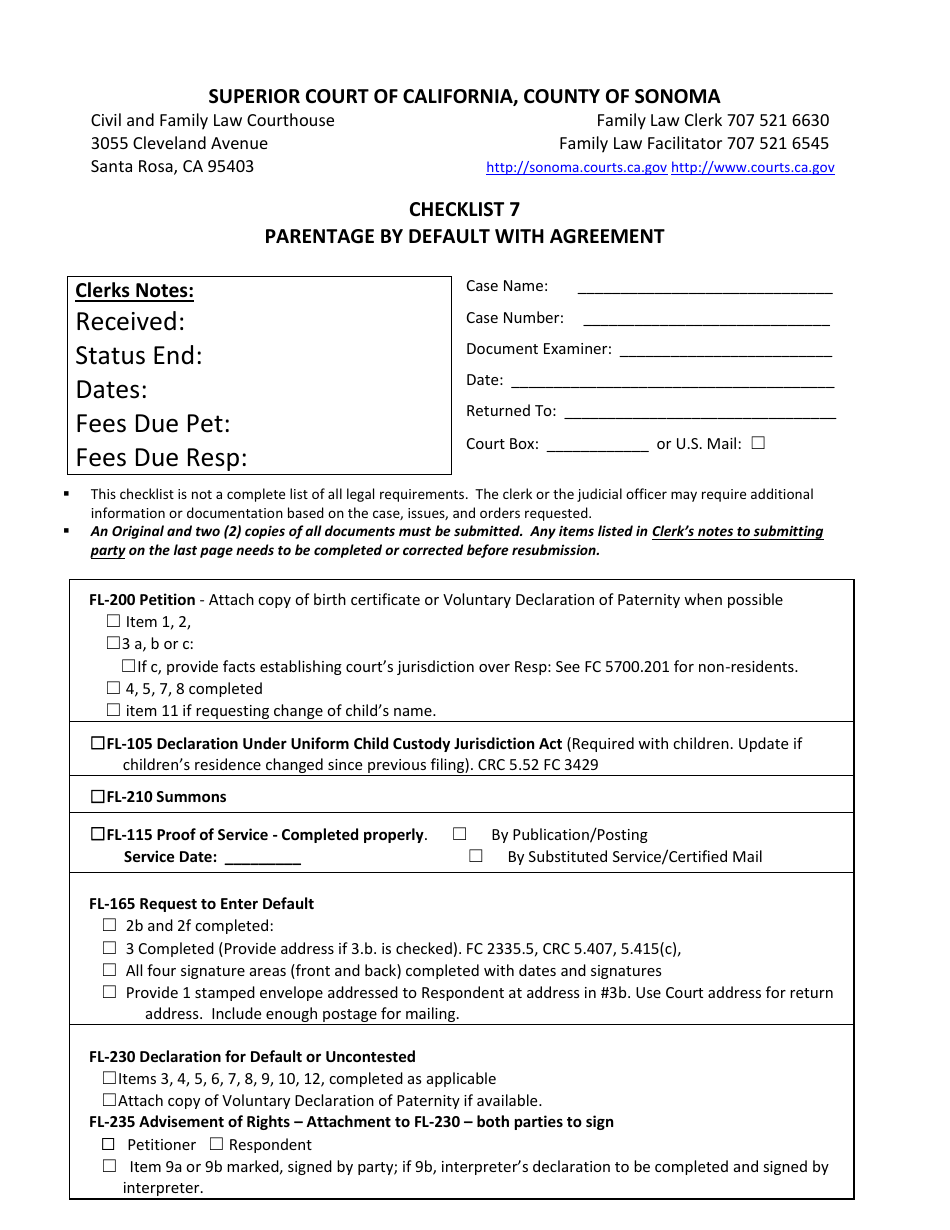 Checklist 7 - Parentage by Default With Agreement - County of Sonoma, California, Page 1