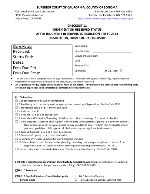 Checklist 11 - Judgment on Reserved Status After Judgment Reserving Jurisdiction Per FC 2343 Dissolution, Domestic Partnership - County of Sonoma, California Download Pdf