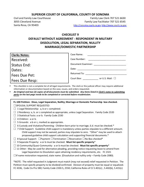 Checklist 9 - Default Without Agreement - Respondent in Military Dissolution, Legal Separation, Nullity Marriage / Domestic Partnership - County of Sonoma, California Download Pdf