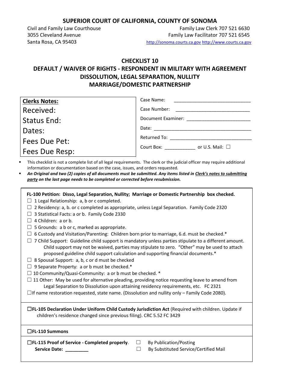 Checklist 10 - Default / Waiver of Rights - Respondent in Military With Agreement Dissolution, Legal Separation, Nullity Marriage / Domestic Partnership - County of Sonoma, California, Page 1