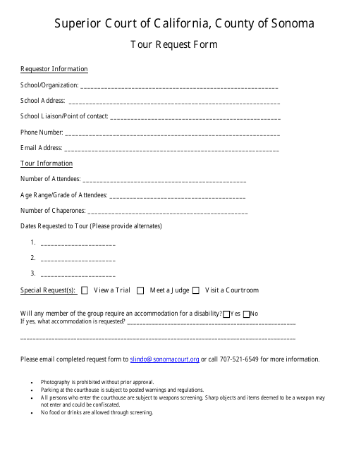 Tour Request Form - County of Sonoma, California Download Pdf