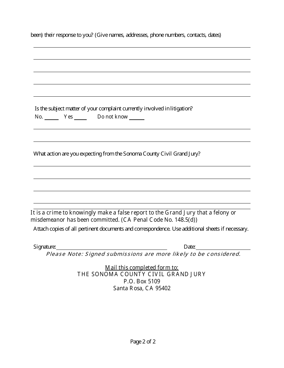 Citizen Complaint Form - County of Sonoma, California, Page 2