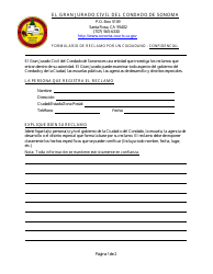 Document preview: Formulario De Reclamo Por Un Ciudadano - County of Sonoma, California (Spanish)