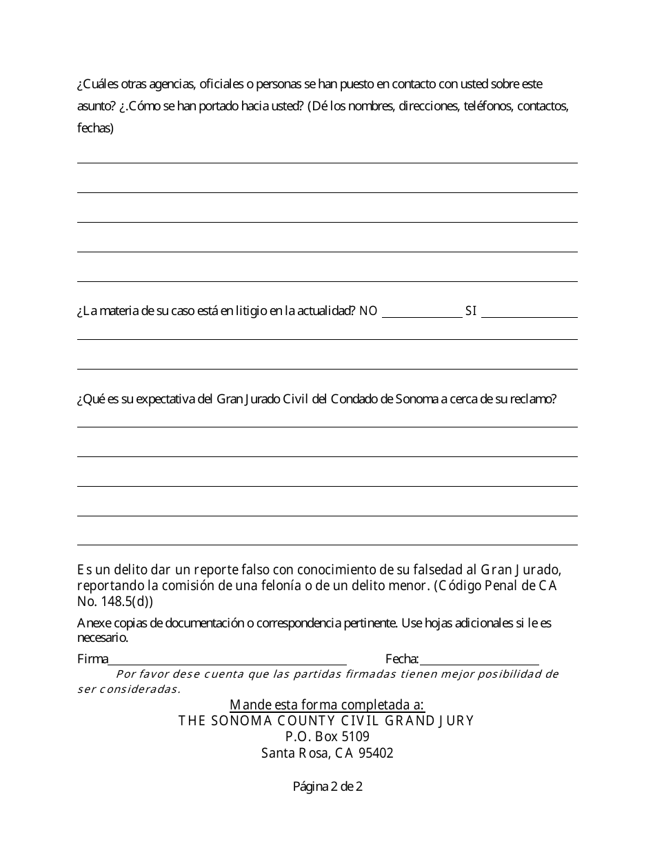 Formulario De Reclamo Por Un Ciudadano - County of Sonoma, California (Spanish), Page 2