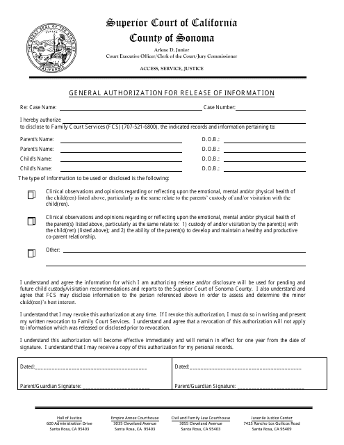 General Authorization for Release of Information - County of Sonoma, California Download Pdf