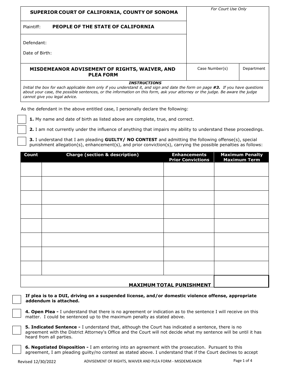 Form CR-006 Misdemeanor Advisement of Rights, Waiver, and Plea Form - County of Sonoma, California, Page 1