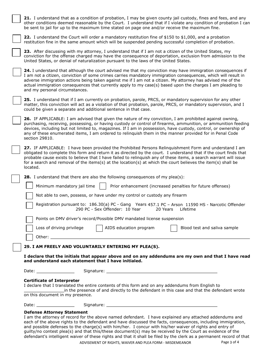 Form CR-006 Misdemeanor Advisement of Rights, Waiver, and Plea Form - County of Sonoma, California, Page 3