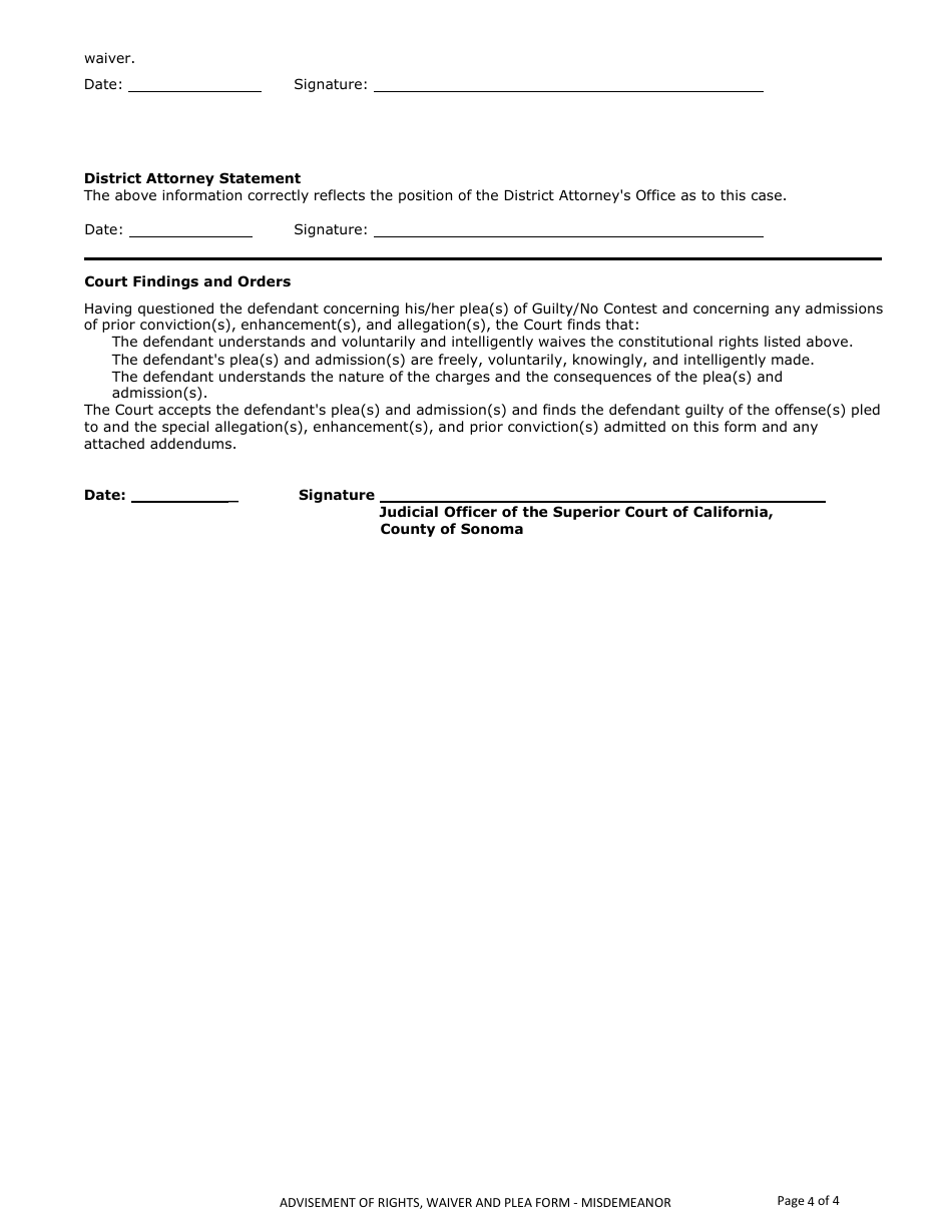 Form CR-006 Misdemeanor Advisement of Rights, Waiver, and Plea Form - County of Sonoma, California, Page 4